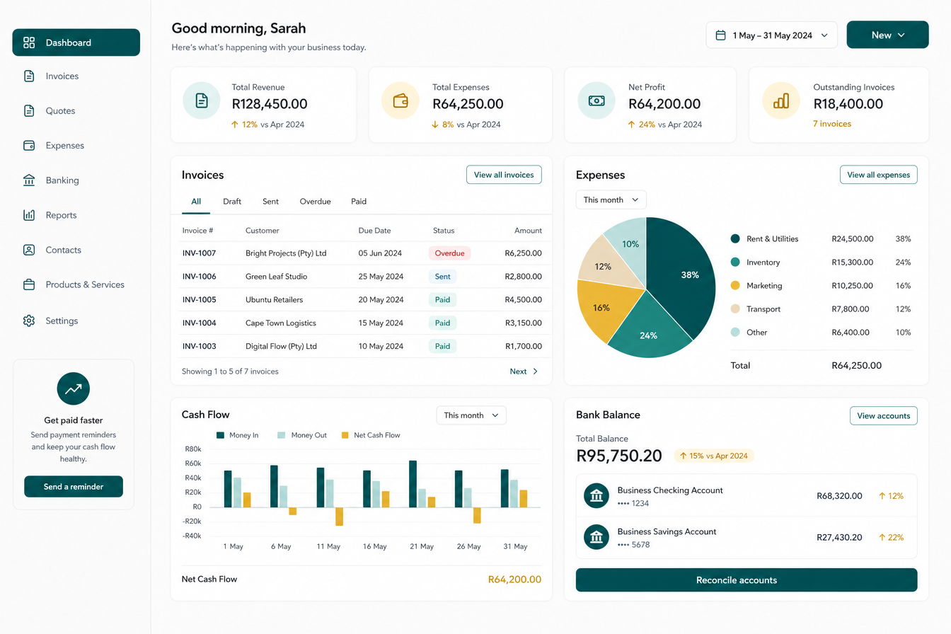 FinImali dashboard showing invoices, expenses, cash flow and bank balance in South African Rand